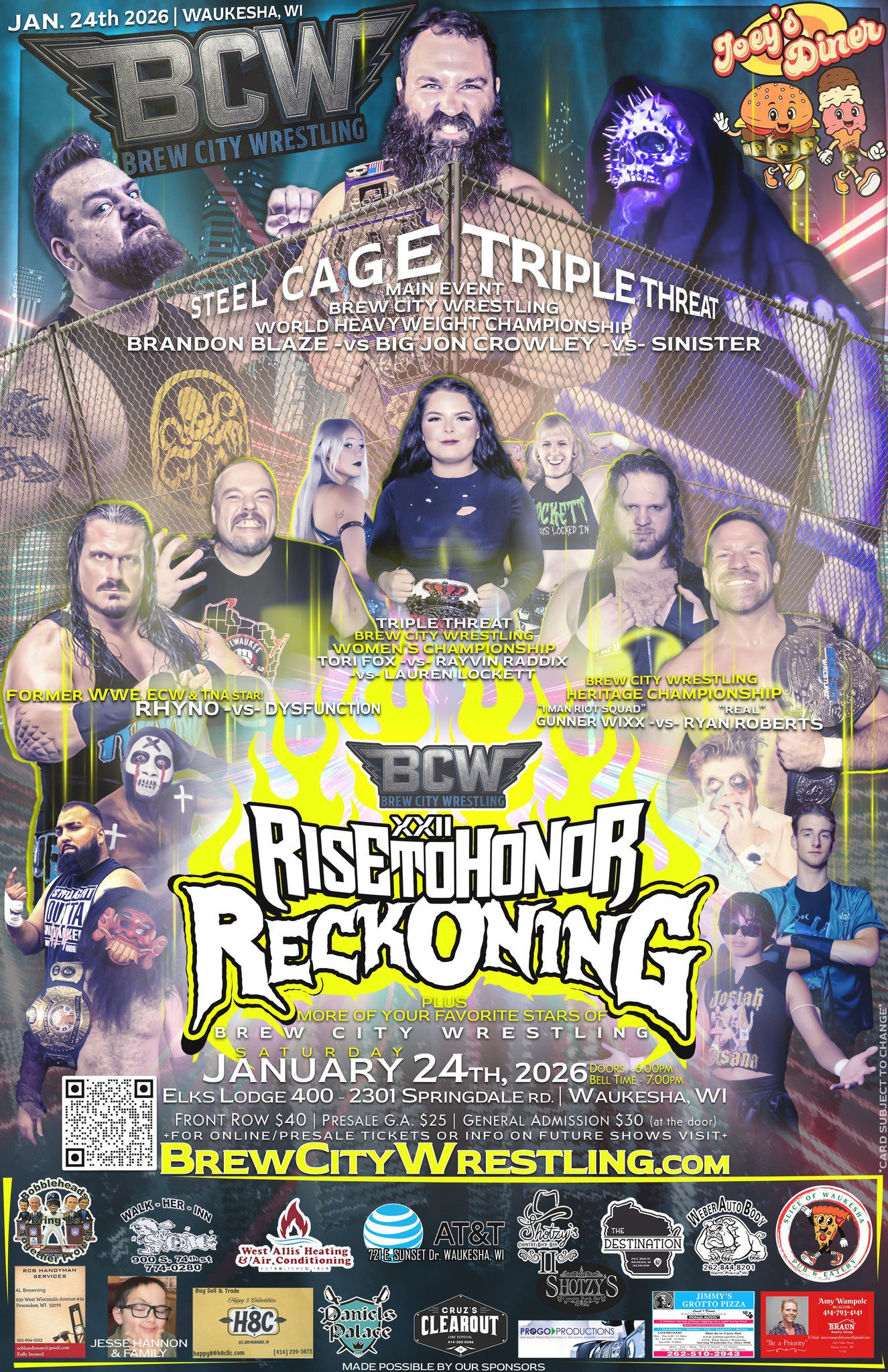 The Stars of Brew City Wrestling return to the Elks Lodge 400, 2301 Springdale Rd, in Waukesha WI on Saturday, January 24th with "Rise To Honor XXII", 22 Years of FAN-demonium.