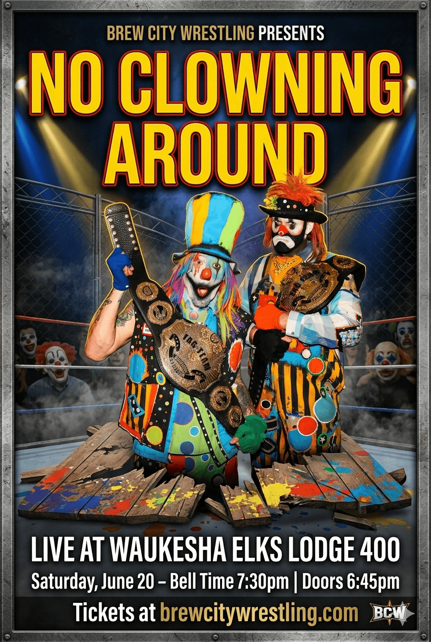 The Stars of Brew City Wrestling return to the Elks Lodge 400, 2301 Springdale Rd. in Waukesha, WI. Saturday, June 20, 2026 for "No Clowning Around"